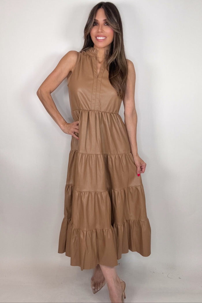 Style the Fate Camel Faux Leather Midi Dress exclusively at Born To Glam
