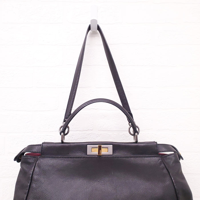 FENDI BLACK MEDIUM PEEKABOO BAG WITH PINK INTERIOR