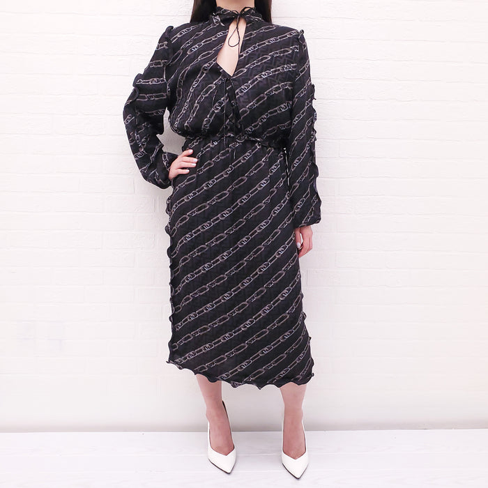 FENDI BLACK SILK CHAIN PATTERNED LOGO DRESS - SIZE 44