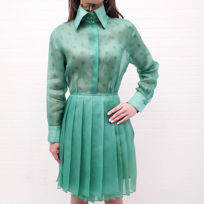FENDI GREEN SILK PLEATED ORGANDIE SHIRT DRESS - SIZE 38