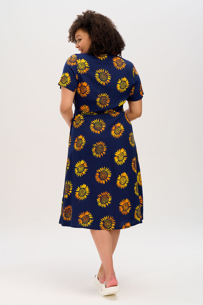 Fiona Batik Midi Shirt Dress (Navy, Sunflowers)