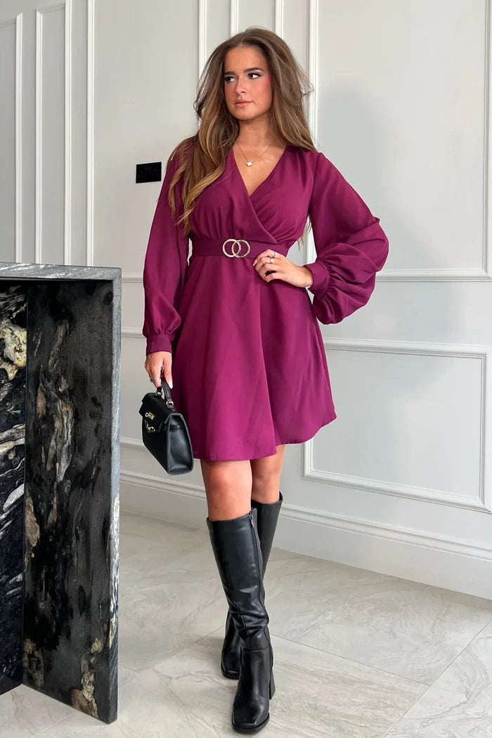 Floretta Long Sleeve Bucklet Skater Dress (Berry)