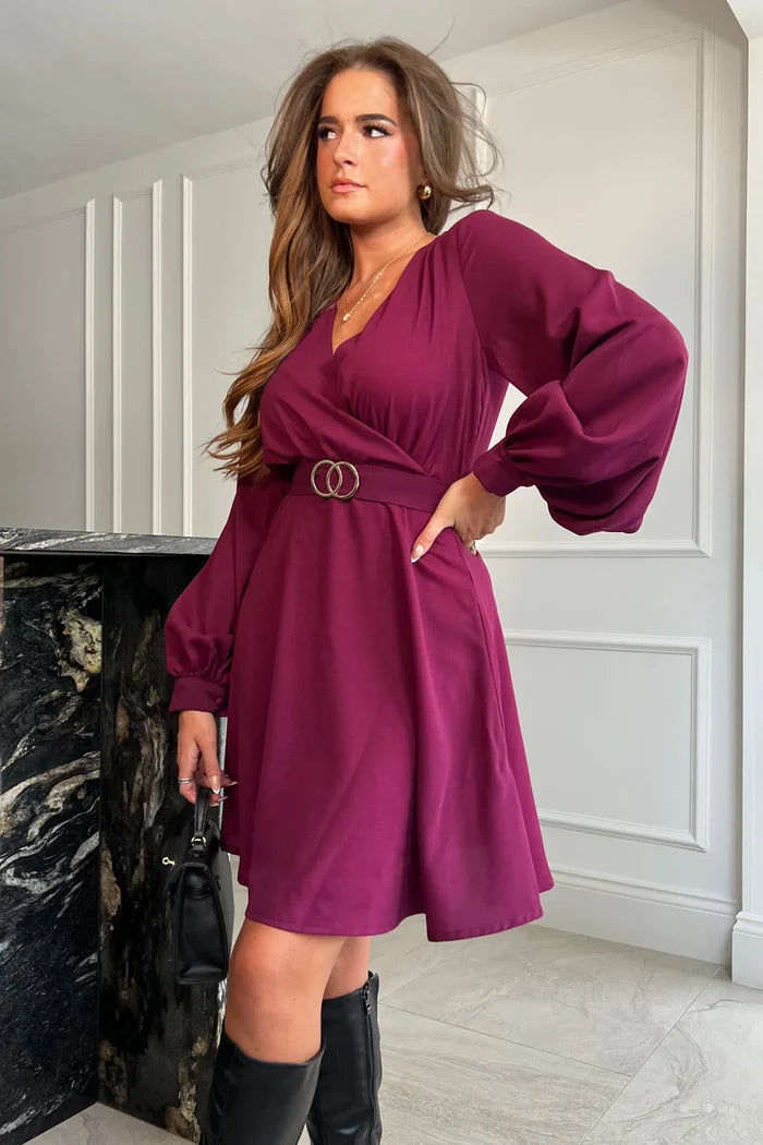 Floretta Long Sleeve Bucklet Skater Dress (Berry)