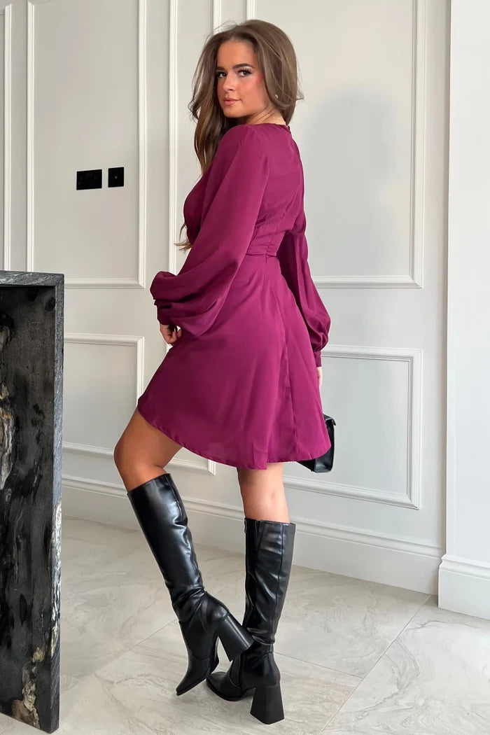 Floretta Long Sleeve Bucklet Skater Dress (Berry)