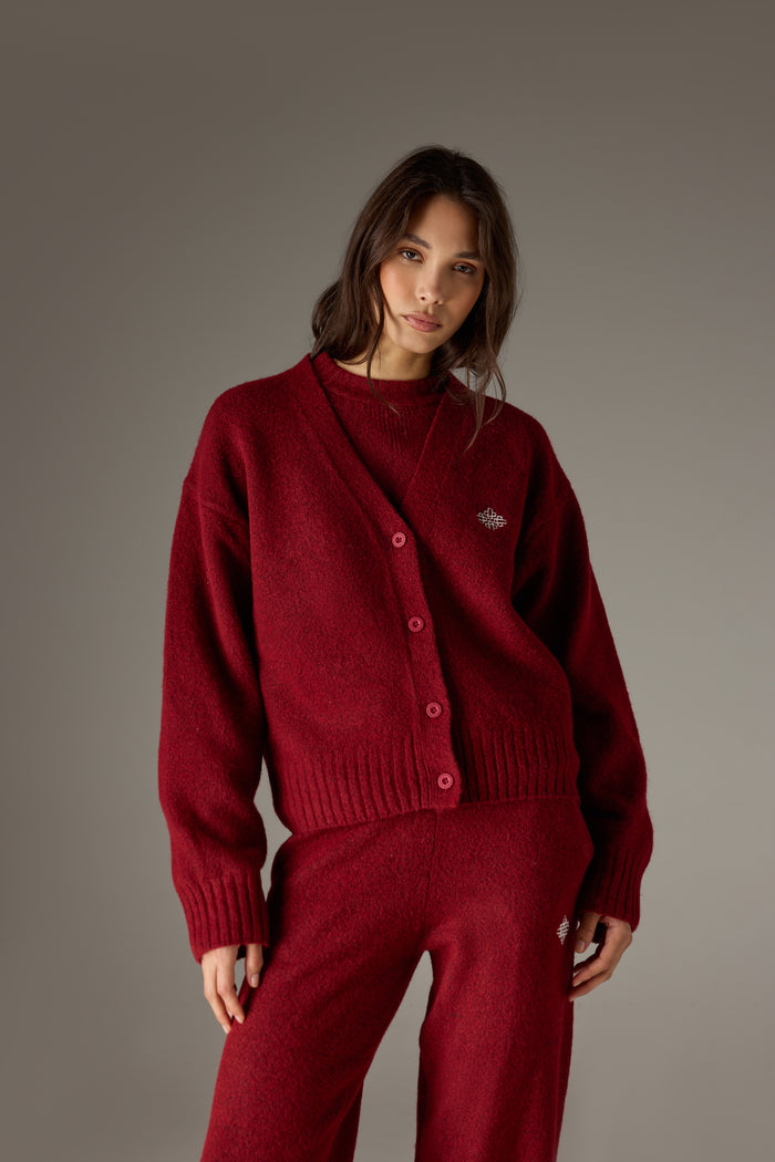 FLUFFY KNIT EMBLEM EMBROIDERED CARDIGAN - BURGUNDY