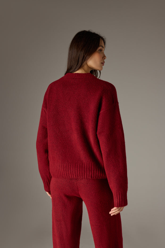 FLUFFY KNIT EMBLEM EMBROIDERED CARDIGAN - BURGUNDY