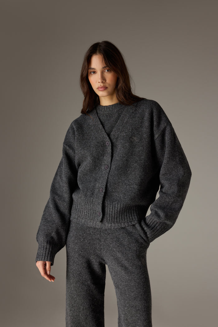 FLUFFY KNIT EMBLEM EMBROIDERED CARDIGAN - CHARCOAL