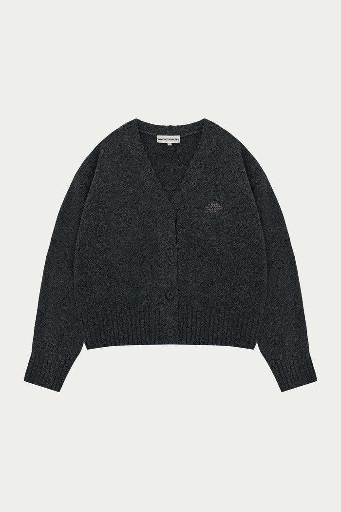 FLUFFY KNIT EMBLEM EMBROIDERED CARDIGAN - CHARCOAL