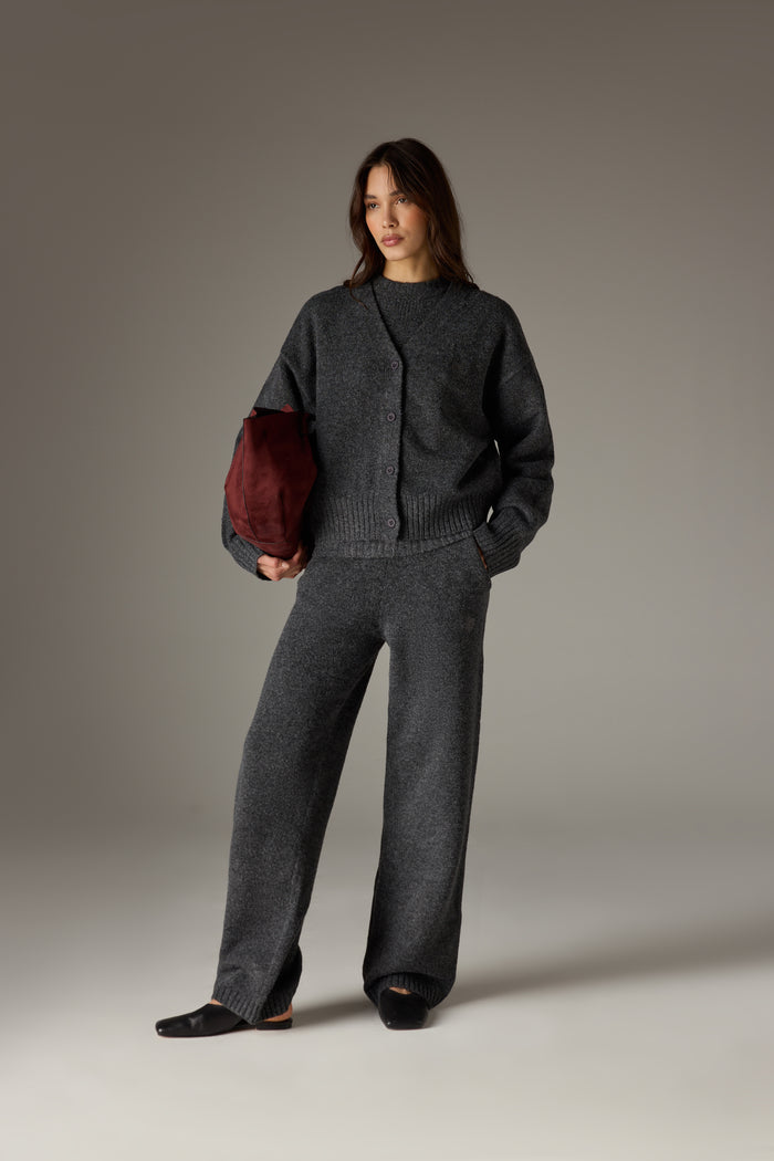 FLUFFY KNIT EMBLEM EMBROIDERED CARDIGAN - CHARCOAL