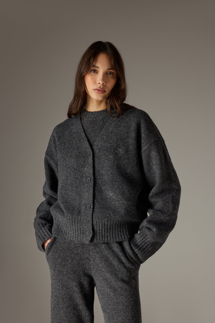 FLUFFY KNIT EMBLEM EMBROIDERED CARDIGAN - CHARCOAL