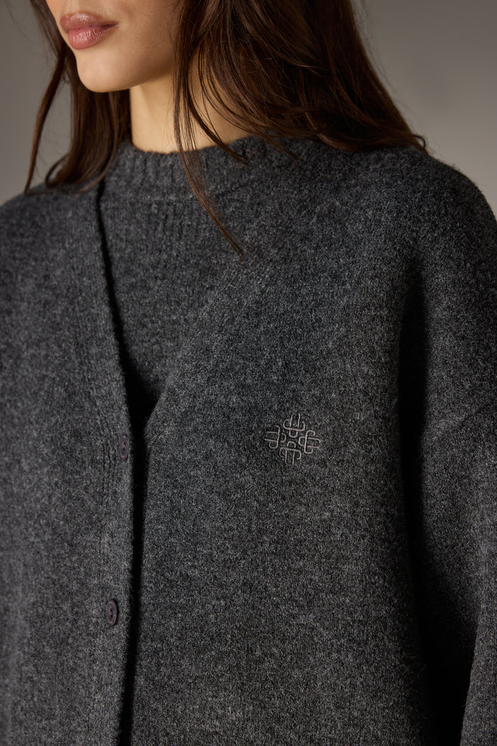 FLUFFY KNIT EMBLEM EMBROIDERED CARDIGAN - CHARCOAL