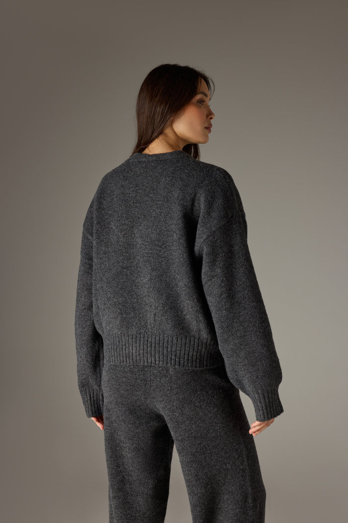 FLUFFY KNIT EMBLEM EMBROIDERED CARDIGAN - CHARCOAL