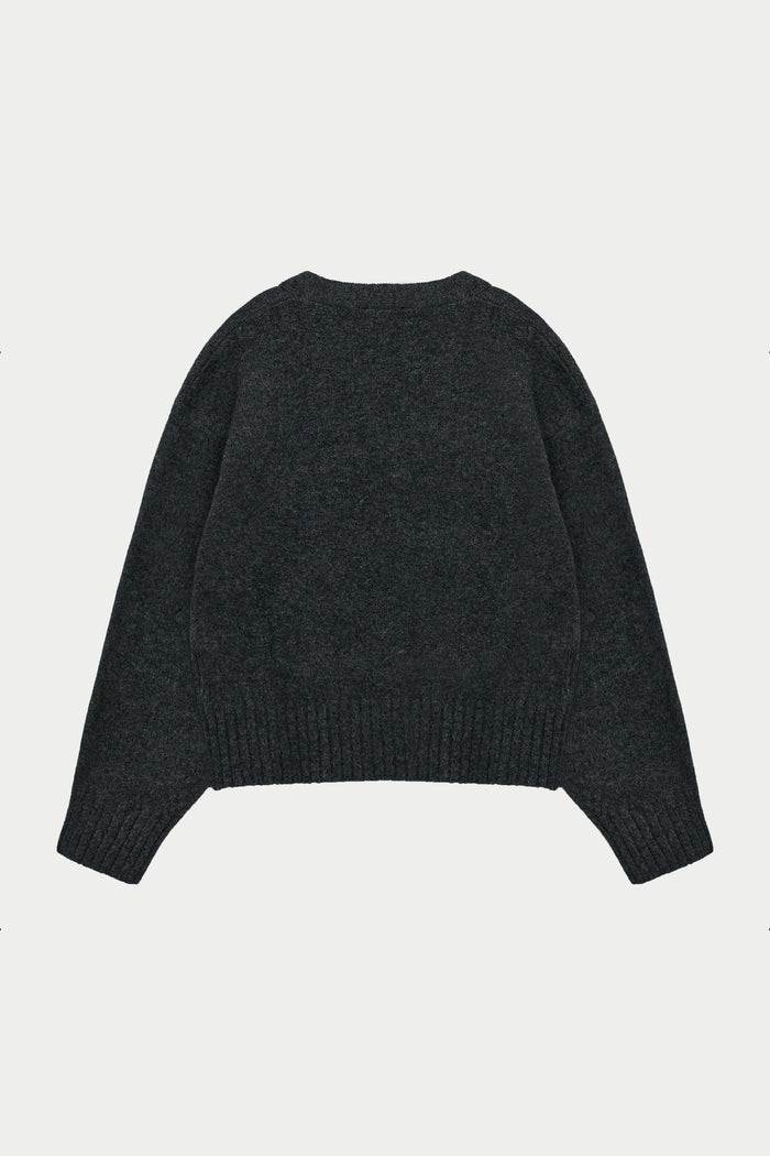 FLUFFY KNIT EMBLEM EMBROIDERED CARDIGAN - CHARCOAL