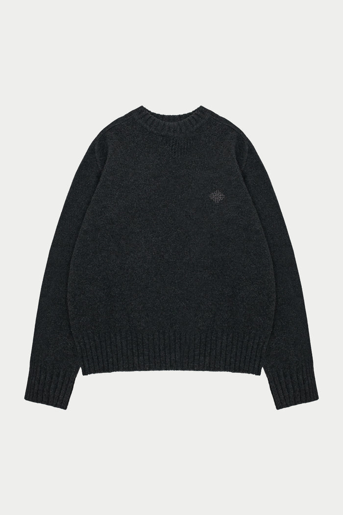 FLUFFY KNIT EMBLEM EMBROIDERED CREW - CHARCOAL
