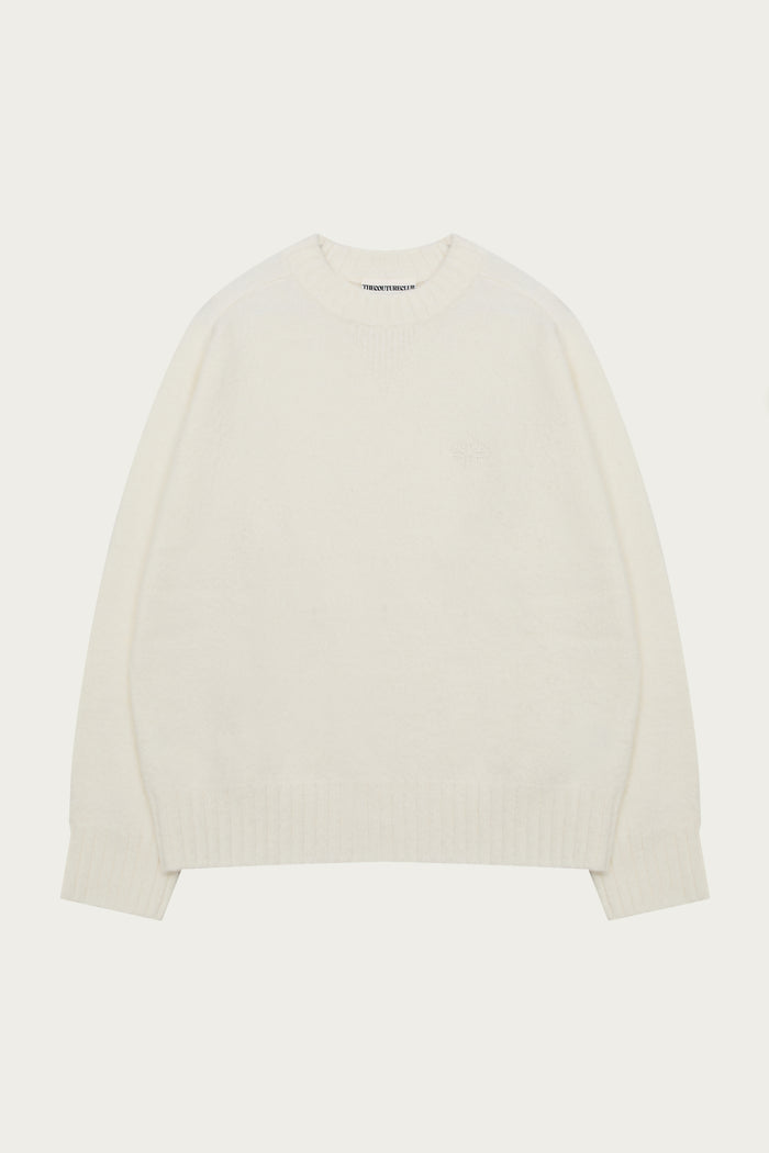 FLUFFY KNIT EMBLEM EMBROIDERED CREW - OFF WHITE