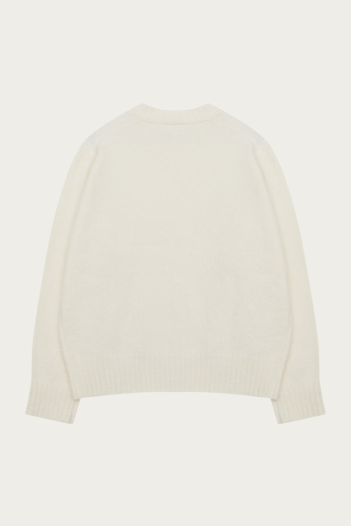 FLUFFY KNIT EMBLEM EMBROIDERED CREW - OFF WHITE