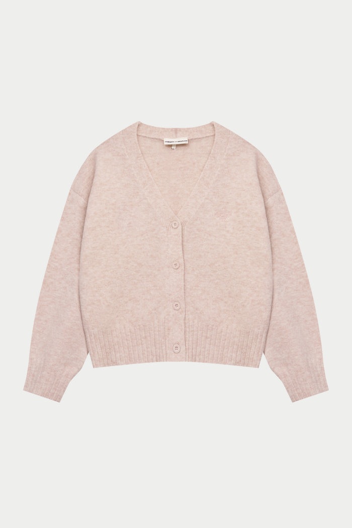 FLUFFY KNITTED EMBLEM EMBROIDERED CARDIGAN - PINK