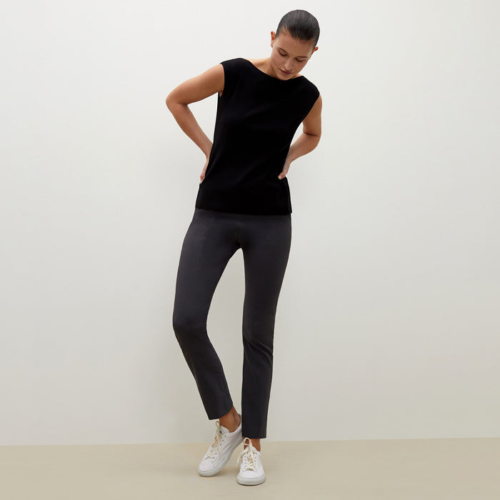 Front image of a woman standing wearing the foster pant in monsoon