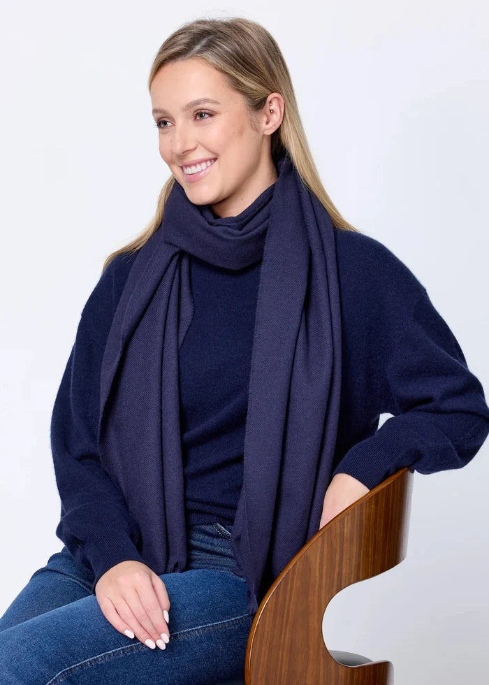 Foxford Solid Navy Fine Wool Cashmere Blend Scarf