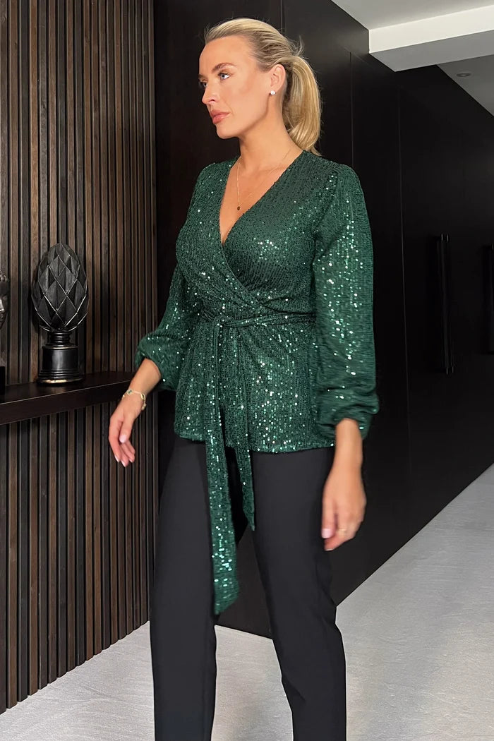 GABRIELLA L/S SEQUIN TOP (JADE GREEN)