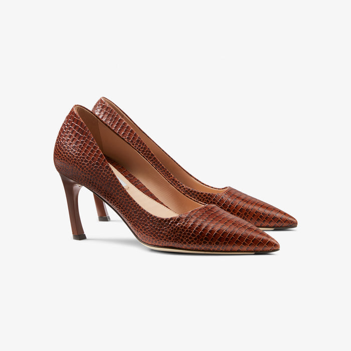 Packshot image of the Ginger pump mini embossed croc in Brown | Lead