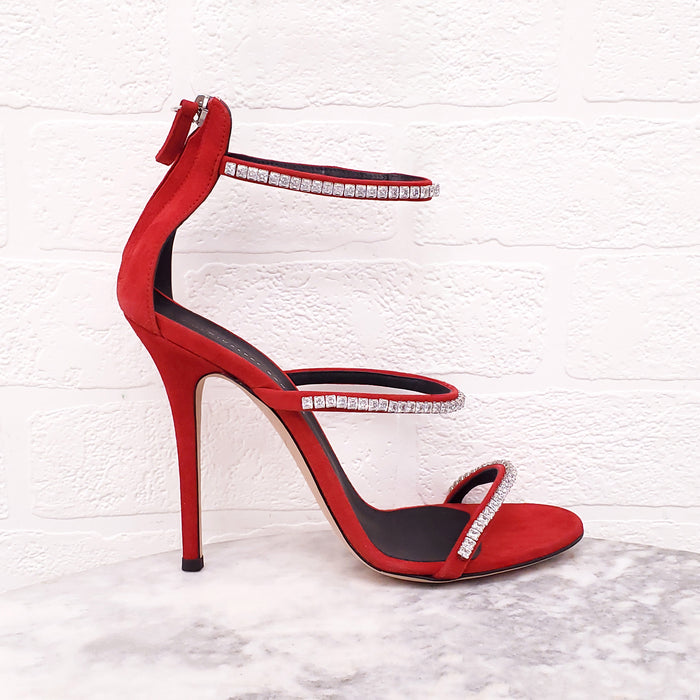 GIUSEPPE ZANOTTI RED SUEDE CRYSTAL HEELS - SIZE 37