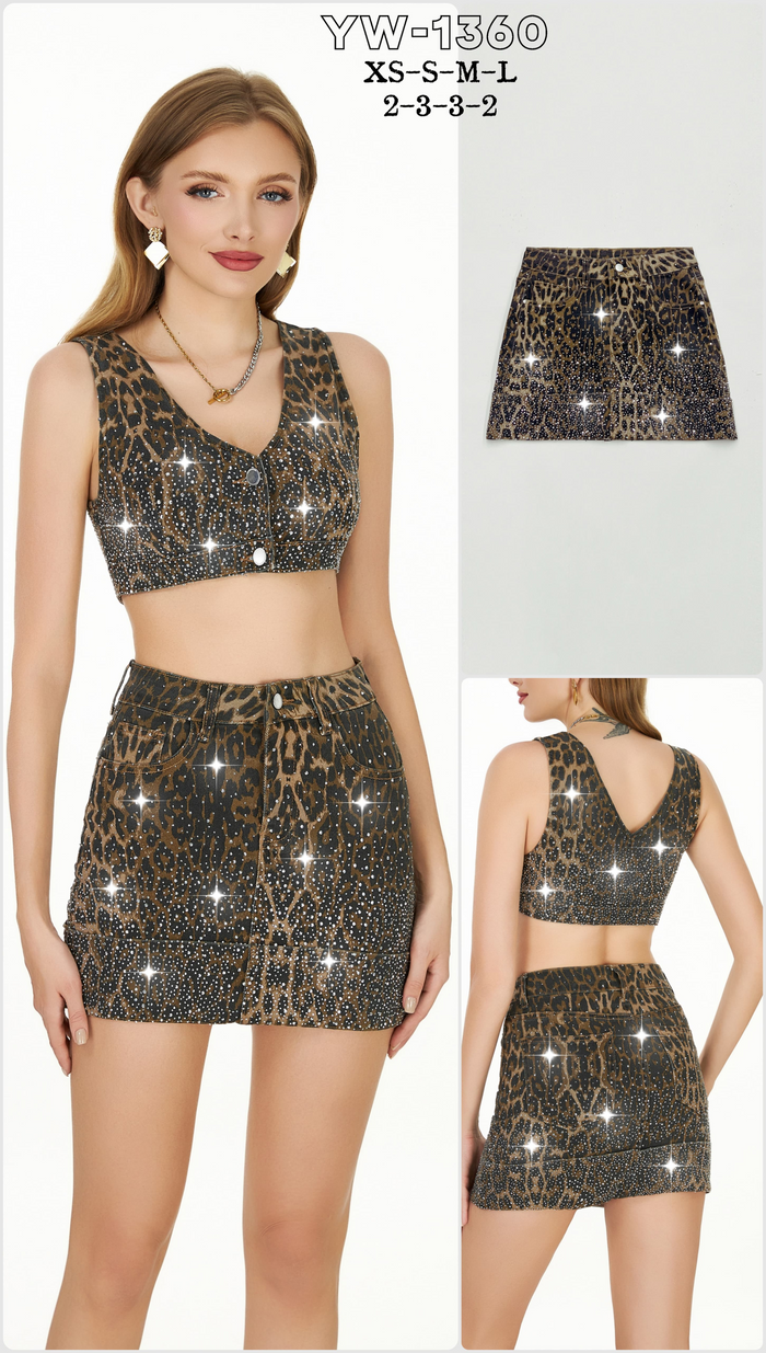 Brown and black leopard print high-waisted mini skirt with allover rhinestone embellishments and a button front closure.