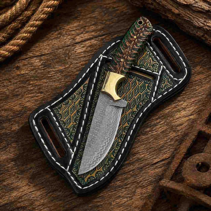 Green Pine Cone Damascus Steel Buckaroo Knife - RFE Marketing Ventures