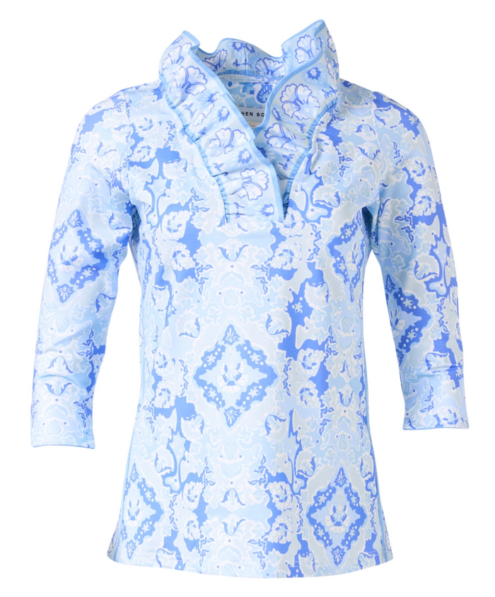 Gretchen Scott 3/4 Slv Patterned Ruffneck Top