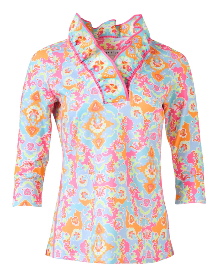 Gretchen Scott 3/4 Slv Patterned Ruffneck Top