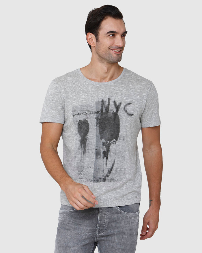 Grey Printed Crew Neck T-Shirt