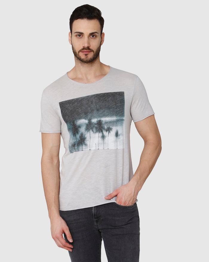 Grey Printed Crew Neck T-Shirt