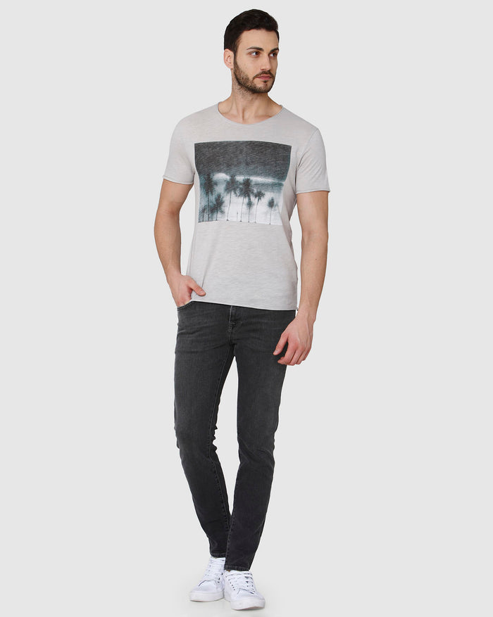 Grey Printed Crew Neck T-Shirt