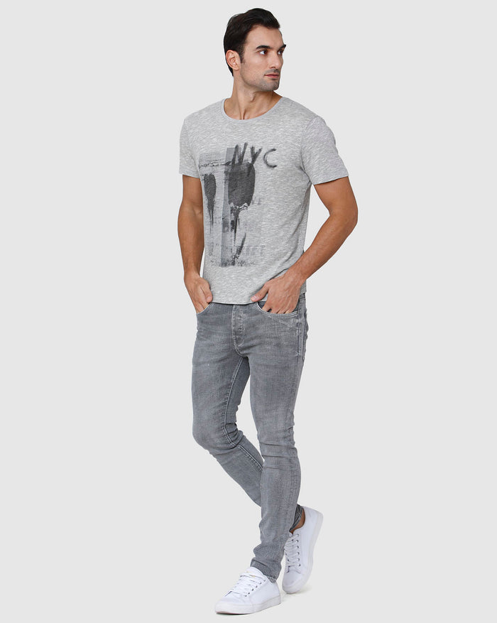 Grey Printed Crew Neck T-Shirt
