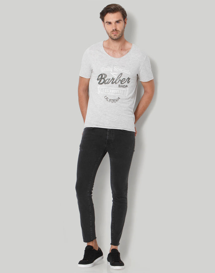 Grey Printed Crew Neck T-Shirt