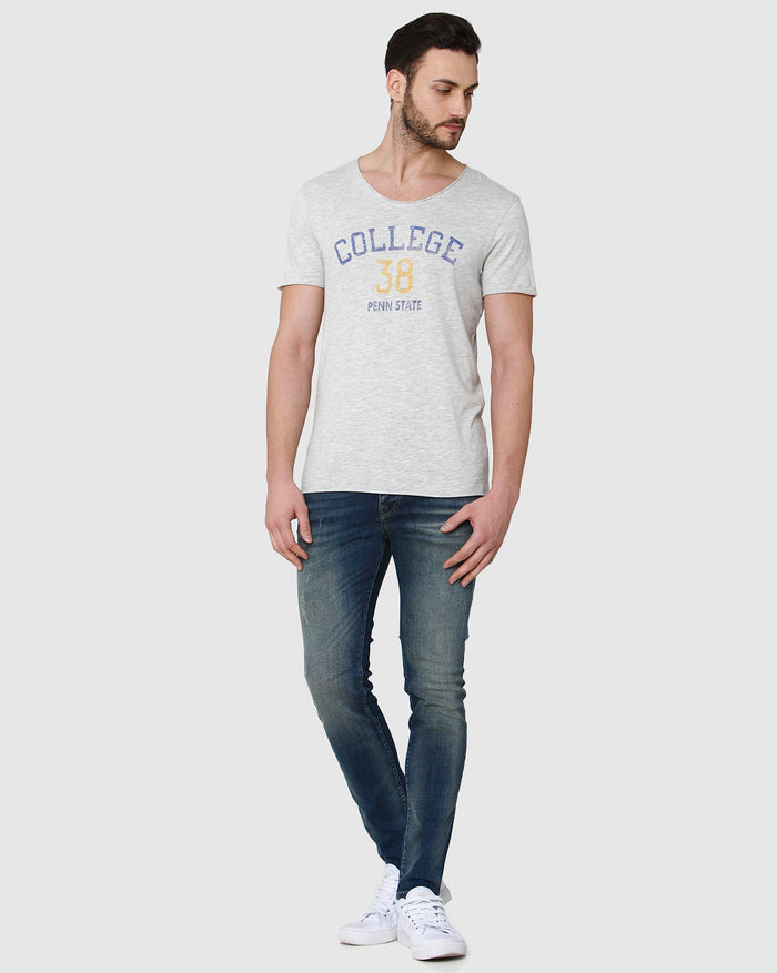 Grey Printed Crew Neck T-Shirt