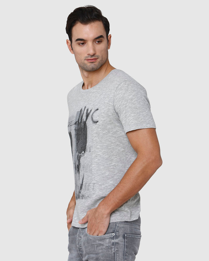 Grey Printed Crew Neck T-Shirt