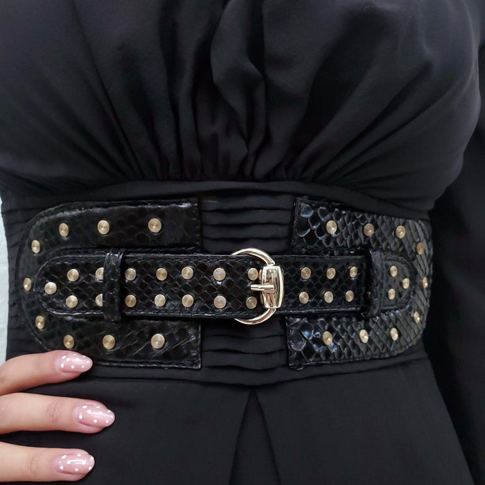GUCCI BLACK SILK DRESS WITH PYTHON STUDDED BELT - SIZE 40