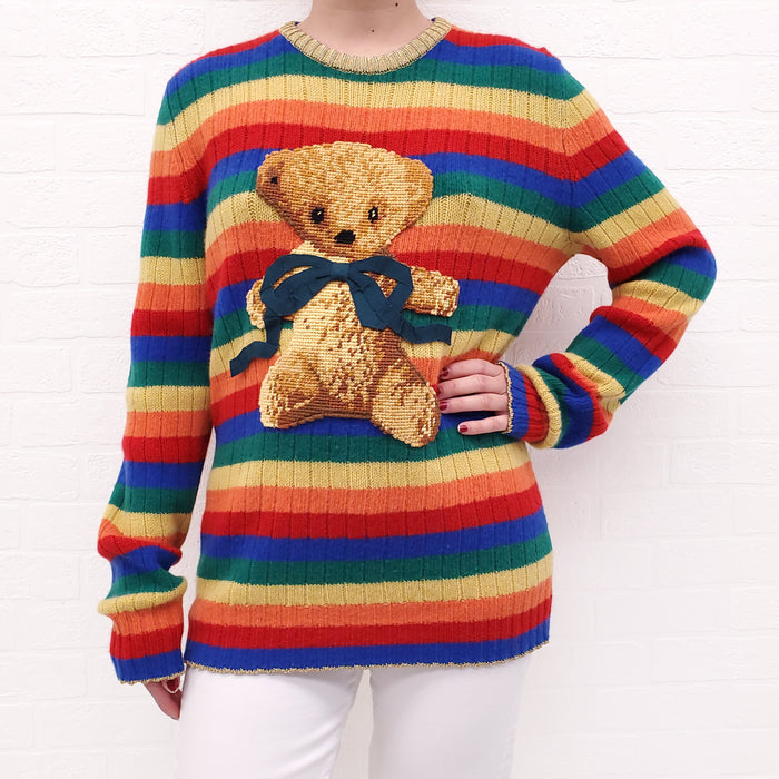 GUCCI RAINBOW STRIPED TEDDY BEAR CASHMERE SWEATER - SIZE L