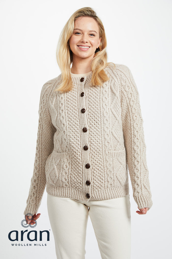 Handknit Women's Aran Lumber Cardigan | Oatmeal