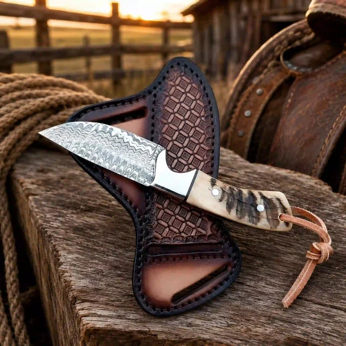 Handmade Damascus Steel Knife | Buckaroo Knife with Ram Horn Handle - RFE Marketing Ventures