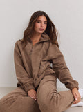 Hasselpähkinän sävyinen vetoketjullinen fleece-takki korkealla kauluksella ja housut merkiltä aim'n [xs-178cm]