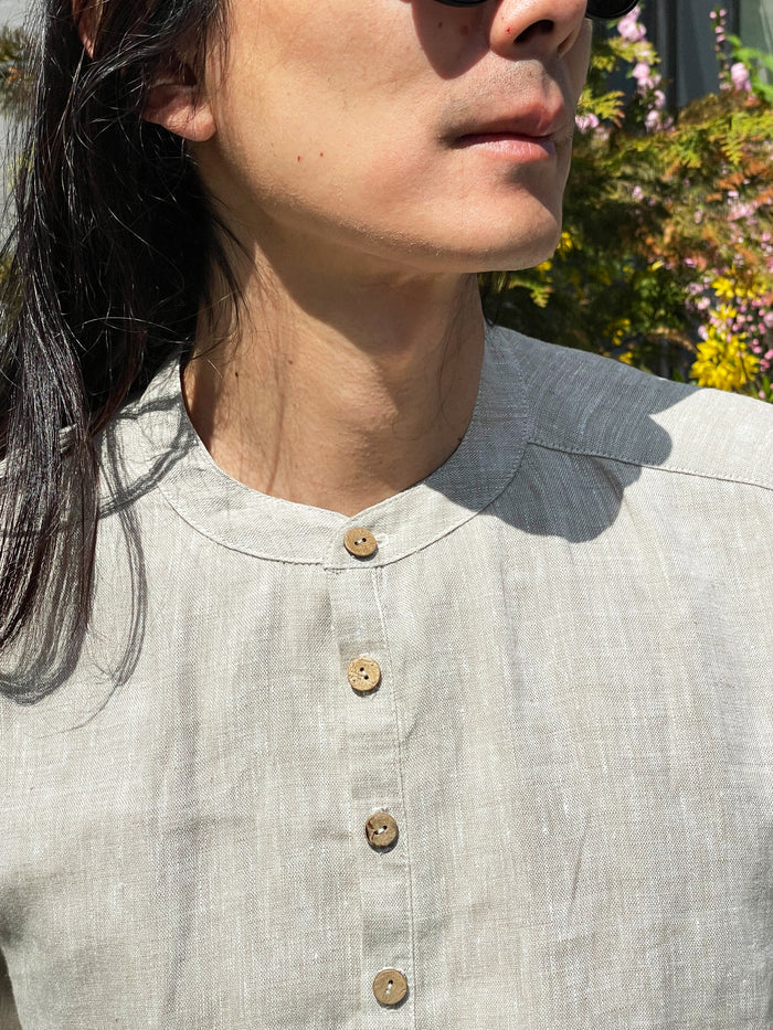 Henley Linen Shirt OLIVE in Beige