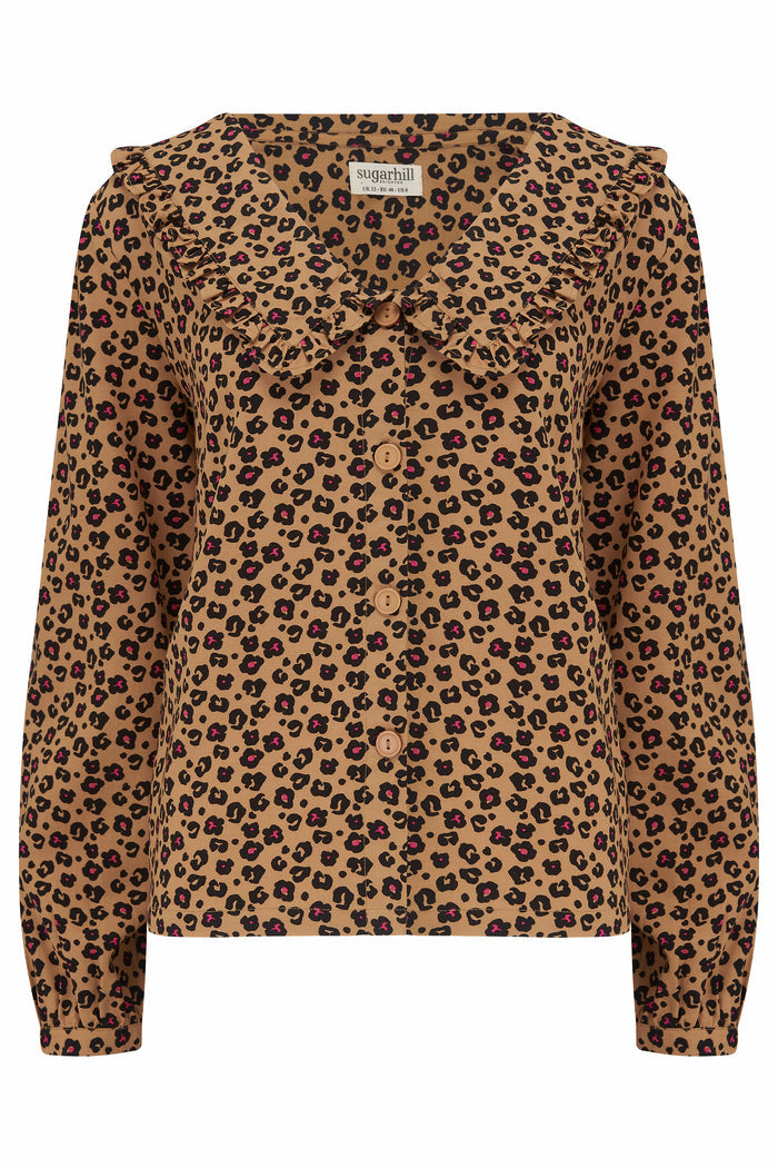 Henna Frill Blouse - Tan, Animal Floral