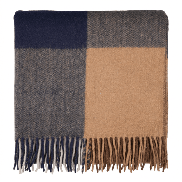 Highland Earth Tone Block Check Recycled Wool Blend Blanket - CAMEL NAVY - Heritage Of Scotland -