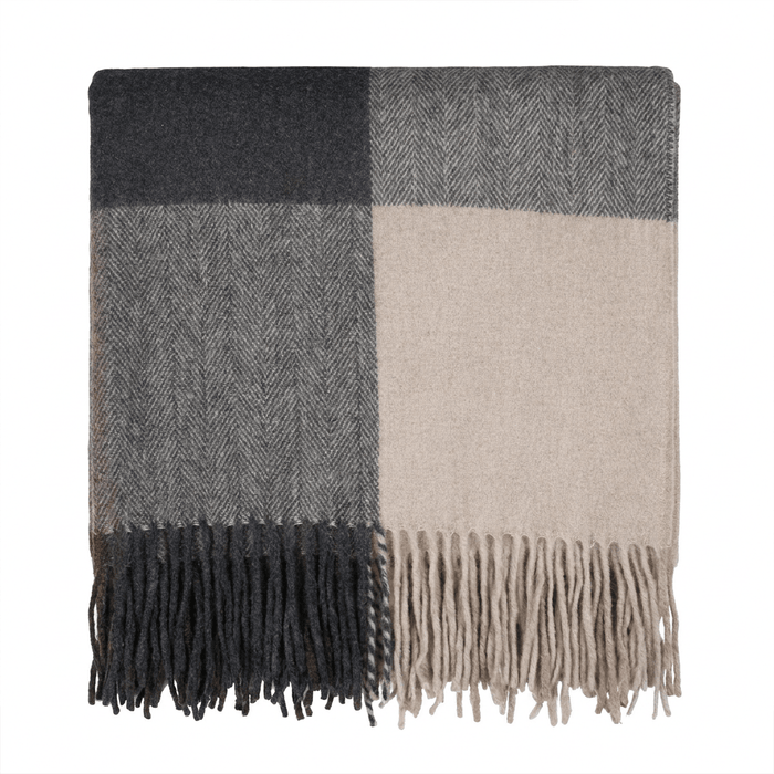 Highland Earth Tone Block Check Recycled Wool Blend Blanket - NATURAL TAUPE - Heritage Of Scotland -