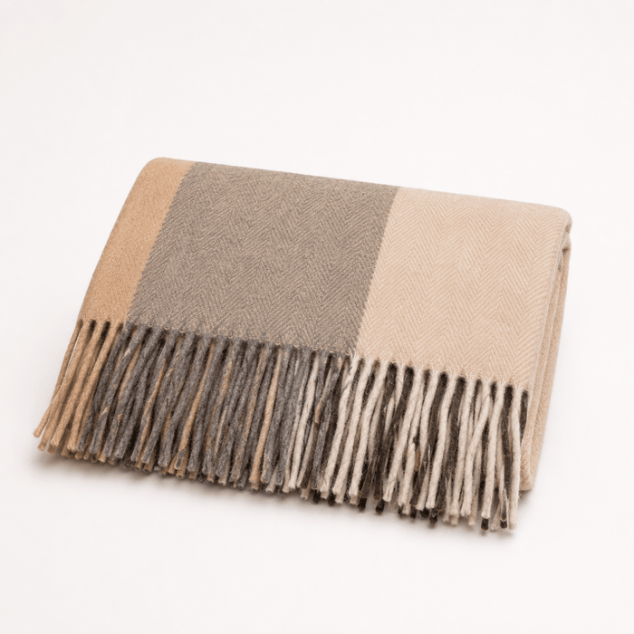 Highland Earth Tone Block Check Recycled Wool Blend Blanket - SOFT STONE - Heritage Of Scotland -
