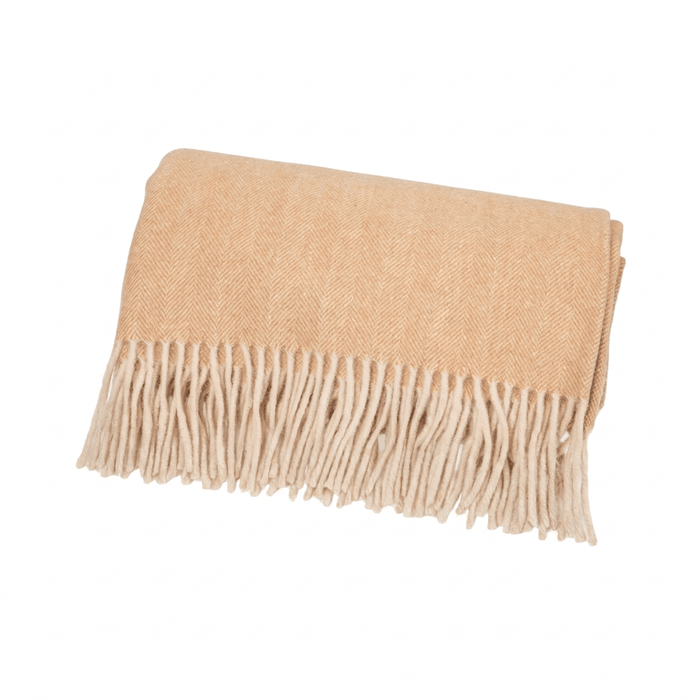 Highland Herringbone Wool Blend Throw Blanket with Tasselled Fringe - CINNAMON LATTE - Heritage Of Scotland -