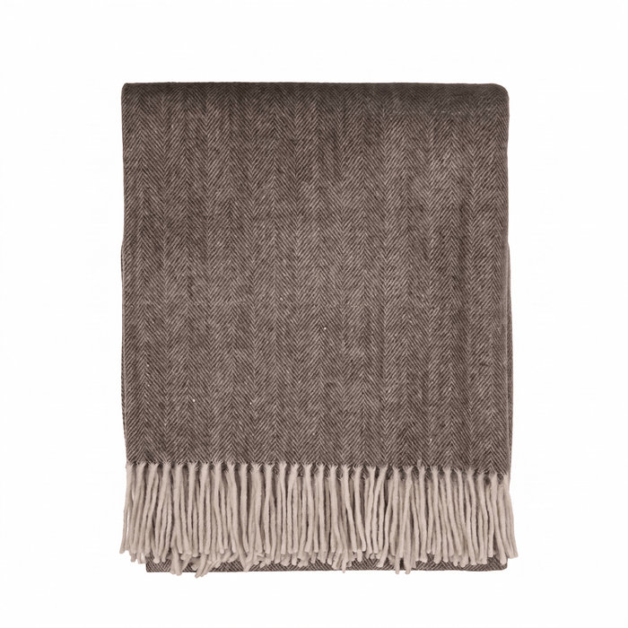 Highland Herringbone Wool Blend Throw Blanket with Tasselled Fringe - DEEP BROWN - Heritage Of Scotland -