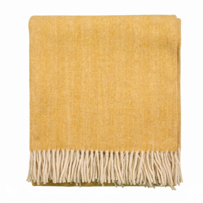 Highland Herringbone Wool Blend Throw Blanket with Tasselled Fringe - MUSTARD - Heritage Of Scotland -